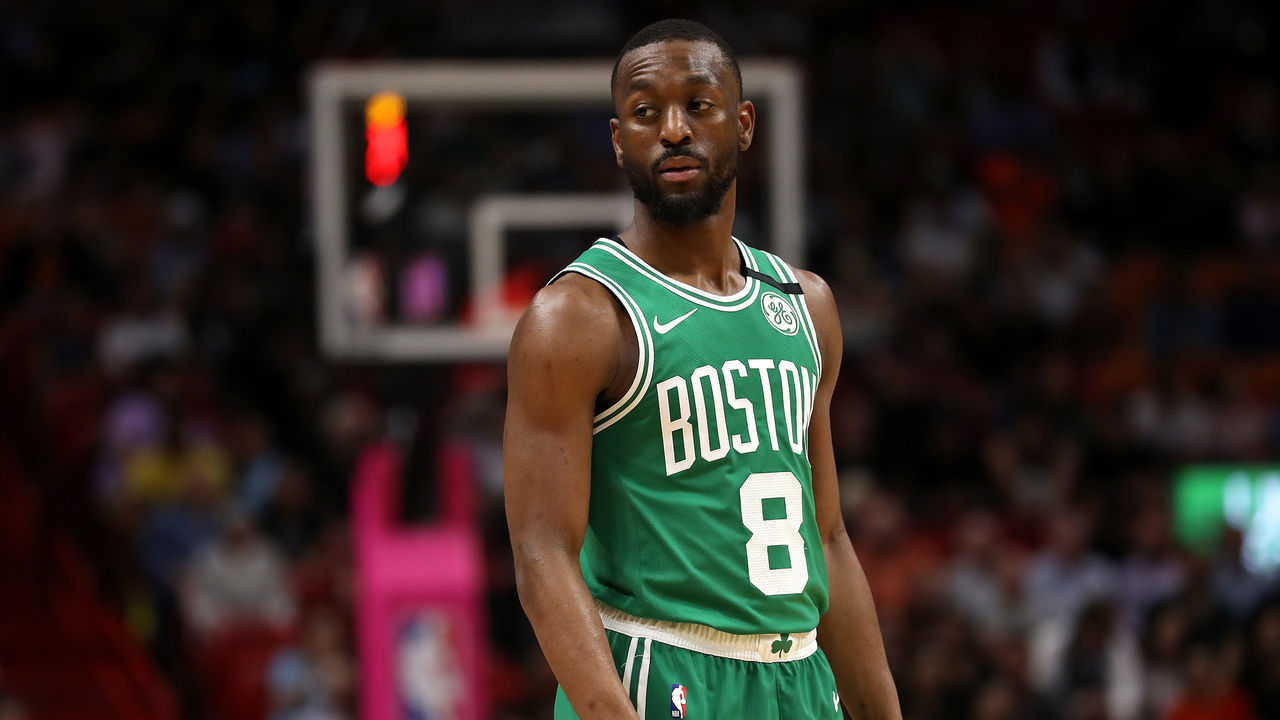 MIAMI, FLORIDA - JANUARY 28: Kemba Walker #8 of the Boston Celtics reacts against the Miami Heat during the first half at American Airlines Arena on January 28, 2020 in Miami, Florida. NOTE TO USER: User expressly acknowledges and agrees that, by downloading and/or using this photograph, user is consenting to the terms and conditions of the Getty Images License Agreement.