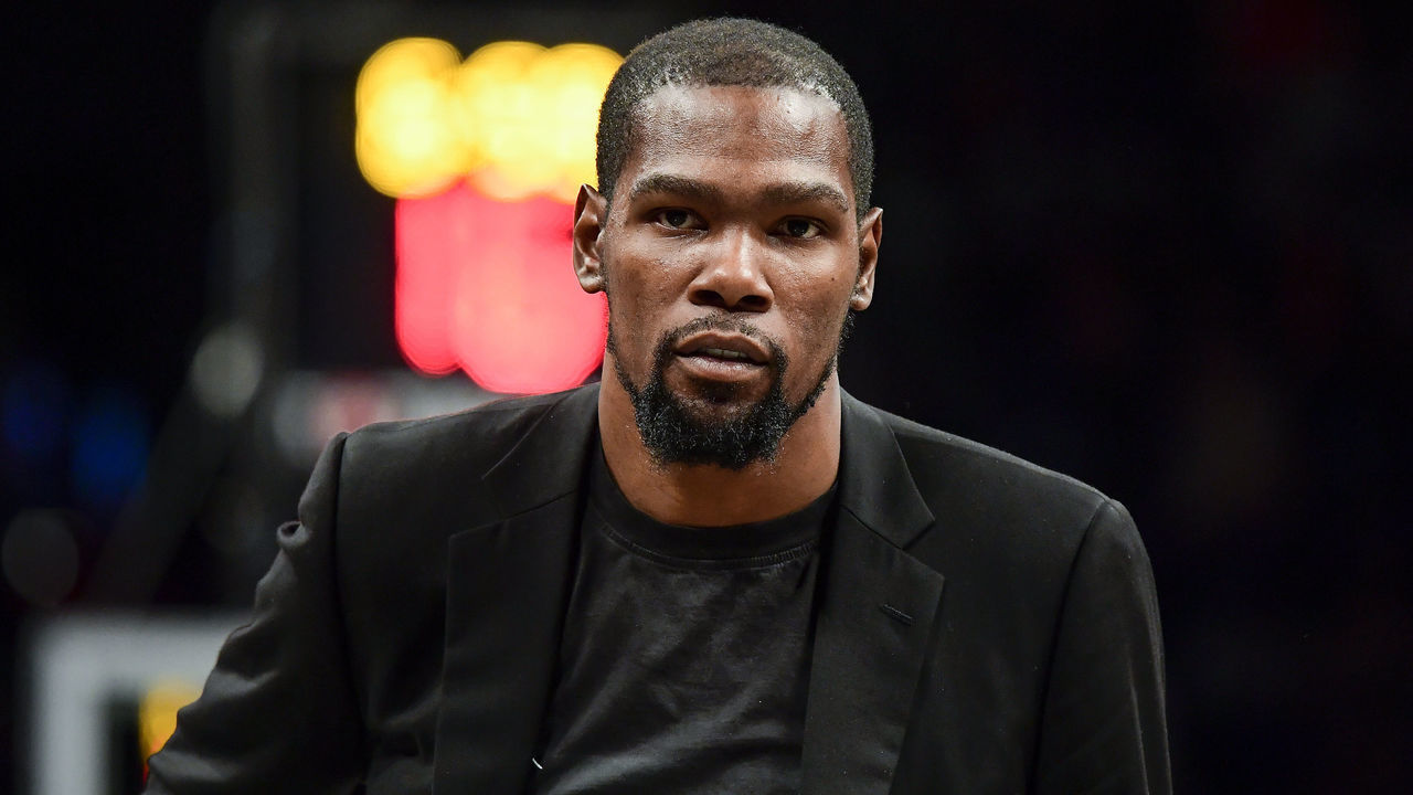 NEW YORK, NEW YORK - NOVEMBER 01: Kevin Durant #7 of the Brooklyn Nets looks on against the Houston Rockets at Barclays Center on November 01, 2019 in New York City. NOTE TO USER: User expressly acknowledges and agrees that, by downloading and/or using this photograph, user is consenting to the terms and conditions of the Getty Images License Agreement.