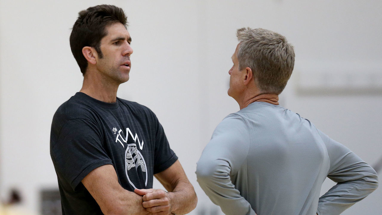 Golden State Warriors' General Manager Bob Myers, left, talks with head coach Steve Kerr during practice at their facility in downtown Oakland, Calif., on Monday, Sept. 25, 2017. The Warriors play their first preseason game against the Denver Nuggets at Oracle Arena on Saturday. (Jane Tyska/Bay Area News Group)