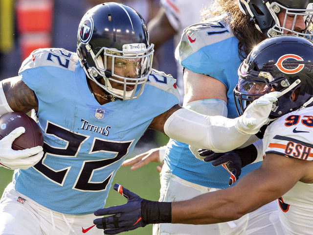 NASHVILLE, TENNESSEE - NOVEMBER 08: Derrick Henry #22 of the Tennessee Titans runs the ball during a game against the Chicago Bears at Nissan Stadium on November 08, 2020 in Nashville, Tennessee. The Titans defeated the Bears 24-17.