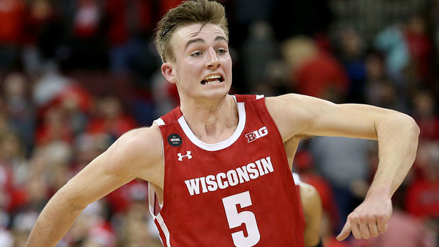 COLUMBUS, OHIO - JANUARY 03: Tyler Wahl #5 of the Wisconsin Badgers celebrates after a play during a time out in the game against the Ohio State Buckeyes at Value City Arena on January 03, 2020 in Columbus, Ohio.
