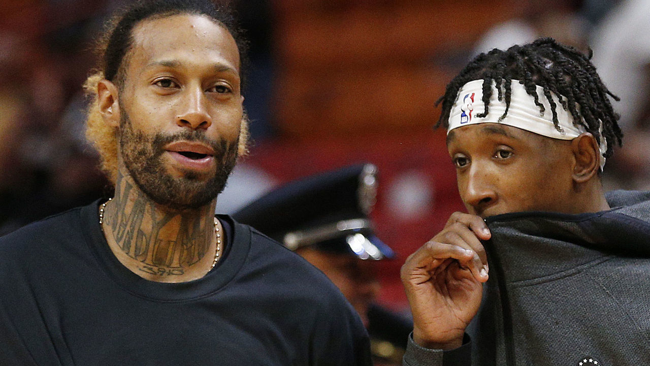 MIAMI, FLORIDA - DECEMBER 28: James Johnson #16 of the Miami Heat talks with former teammate Josh Richardson #0 of the Philadelphia 76ers during the first half at American Airlines Arena on December 28, 2019 in Miami, Florida. NOTE TO USER: User expressly acknowledges and agrees that, by downloading and/or using this photograph, user is consenting to the terms and conditions of the Getty Images License Agreement.