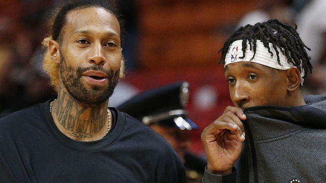 MIAMI, FLORIDA - DECEMBER 28: James Johnson #16 of the Miami Heat talks with former teammate Josh Richardson #0 of the Philadelphia 76ers during the first half at American Airlines Arena on December 28, 2019 in Miami, Florida. NOTE TO USER: User expressly acknowledges and agrees that, by downloading and/or using this photograph, user is consenting to the terms and conditions of the Getty Images License Agreement.