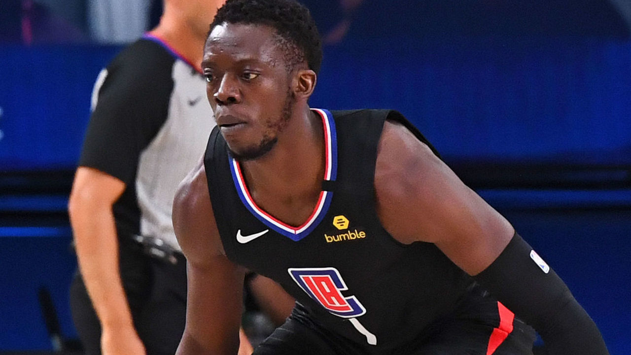 ORLANDO, FL - SEPTEMBER 15: Reggie Jackson #1 of the LA Clippers plays defense against the Denver Nuggets during Game Seven of the Western Conference Semifinals of the NBA Playoffs on September 15, 2020 in Orlando, Florida at AdventHealth Arena. NOTE TO USER: User expressly acknowledges and agrees that, by downloading and/or using this photograph, user is consenting to the terms and conditions of the Getty Images License Agreement. Mandatory Copyright Notice: Copyright 2020 NBAE