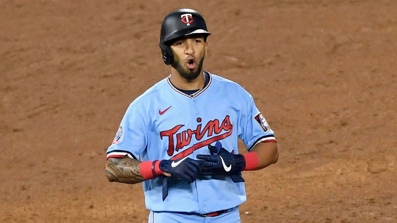 MINNEAPOLIS, MINNESOTA - SEPTEMBER 26: Eddie Rosario #20 of the Minnesota Twins celebrates an RBI double against the Cincinnati Reds during the third inning of the game at Target Field on September 26, 2020 in Minneapolis, Minnesota.