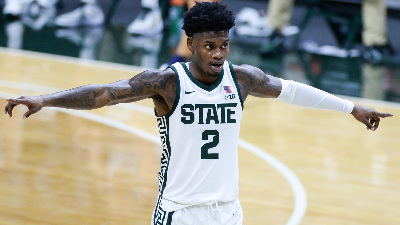 EAST LANSING, MI - NOVEMBER 28: Michigan State Spartans guard Rocket Watts (2) prepares to play defense during a college basketball game between the Michigan State Spartans and the Notre Dame Fighting Irish on November 28, 2020 at the Breslin Student Events Center in East Lansing, MI.