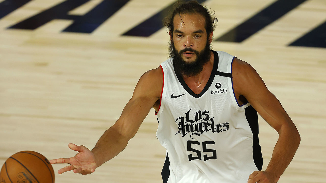 LAKE BUENA VISTA, FLORIDA - AUGUST 14: Joakim Noah #55 of the LA Clippers dribbles the ball against the Oklahoma City Thunder during overtime at The Field House at ESPN Wide World Of Sports Complex on August 14, 2020 in Lake Buena Vista, Florida.