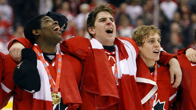 OTTAWA - JANUARY 5: P.K. Subban #5, John Tavares #19 and Tyler Ennis #22 all of Team Canada stand arm in arm as they sing the Canadian National Anthem after defeating Team Sweden during the 2009 IIHF World Junior Championships held at Scotiabank Place on January 5, 2009 in Ottawa, Ontario.