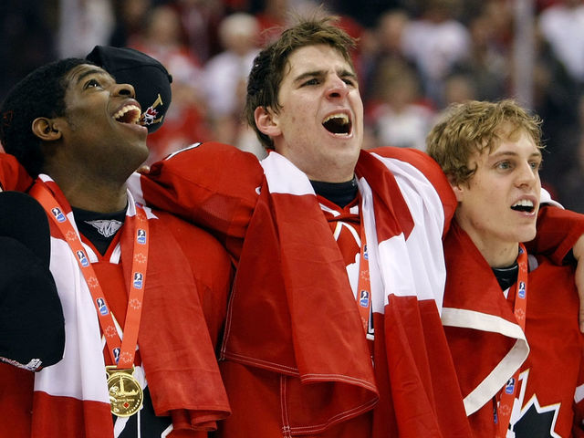 OTTAWA - JANUARY 5: P.K. Subban #5, John Tavares #19 and Tyler Ennis #22 all of Team Canada stand arm in arm as they sing the Canadian National Anthem after defeating Team Sweden during the 2009 IIHF World Junior Championships held at Scotiabank Place on January 5, 2009 in Ottawa, Ontario.