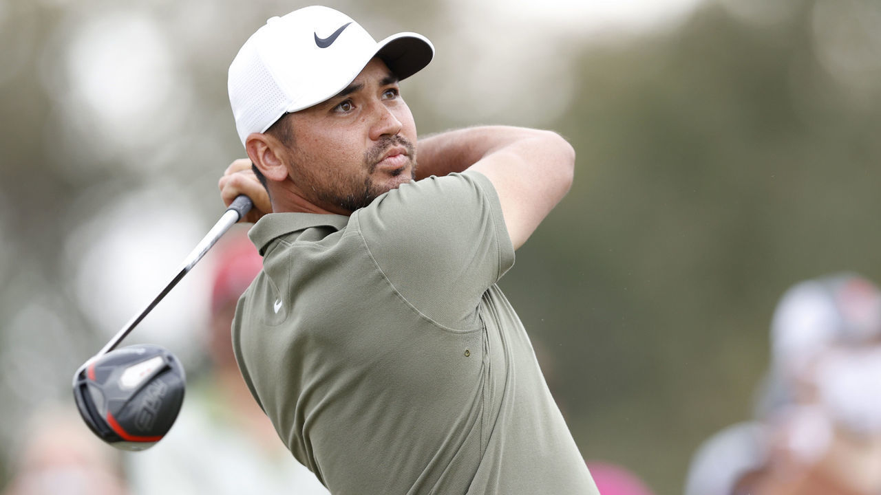 HOUSTON, TEXAS - NOVEMBER 08: Jason Day of Australia plays his shot from the third tee during the final round of the Houston Open at Memorial Park Golf Course on November 08, 2020 in Houston, Texas.