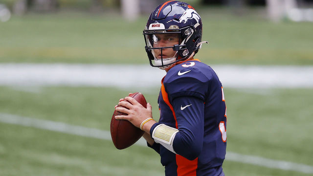 ATLANTA, GEORGIA - NOVEMBER 08: Drew Lock #3 of the Denver Broncos warms up before the game against the Atlanta Falcons at Mercedes-Benz Stadium on November 08, 2020 in Atlanta, Georgia.