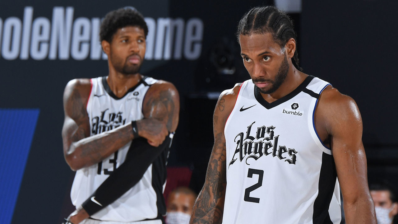 Orlando, FL - SEPTEMBER 13: Kawhi Leonard #2 of the LA Clippers and Paul George #13 of the LA Clippers seen on court during Game Six of the Western Conference Semifinals on September 13, 2020 in Orlando, Florida at AdventHealth Arena. NOTE TO USER: User expressly acknowledges and agrees that, by downloading and/or using this Photograph, user is consenting to the terms and conditions of the Getty Images License Agreement. Mandatory Copyright Notice: Copyright 2020 NBAE