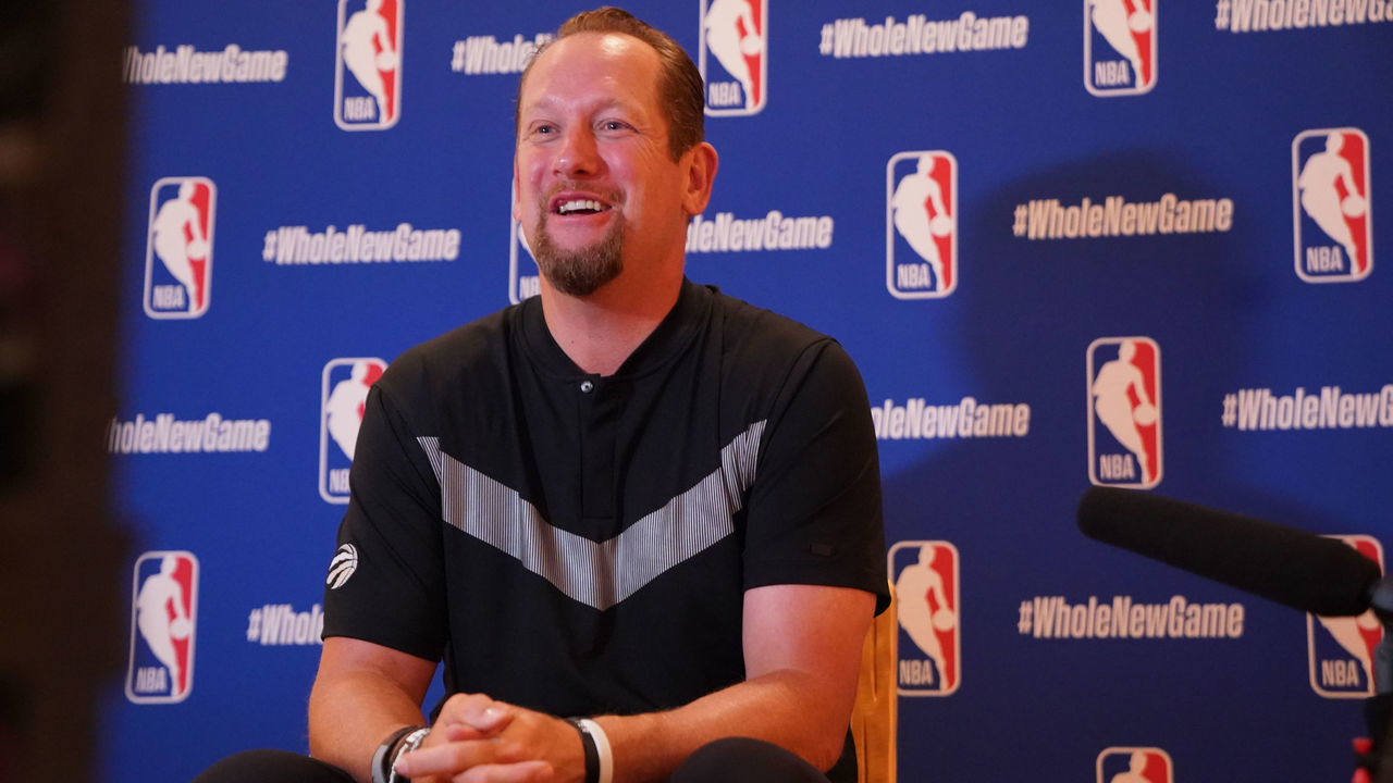ORLANDO, FL - AUGUST 22: Nick Nurse of the Toronto Raptors speaks to the media as he wins the 2019-20 NBA Coach of the Year Award on August 22, 2020 at the hotel in Orlando, Florida. NOTE TO USER: User expressly acknowledges and agrees that, by downloading and/or using this photograph, user is consenting to the terms and conditions of the Getty Images License Agreement. Mandatory Copyright Notice: Copyright 2020 NBAE