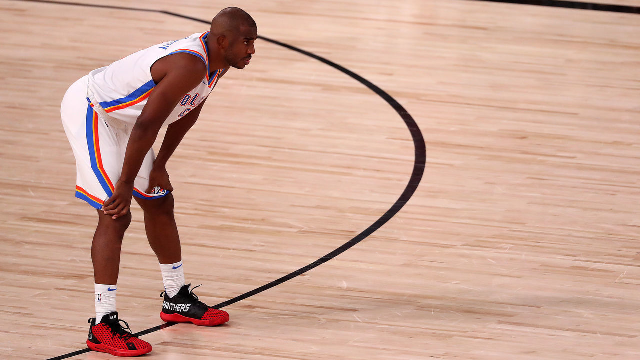 LAKE BUENA VISTA, FLORIDA - SEPTEMBER 02: Chris Paul #3 of the Oklahoma City Thunder during the first quarter against the Houston Rockets in Game Seven of the Western Conference First Round during the 2020 NBA Playoffs at AdventHealth Arena at ESPN Wide World Of Sports Complex on September 02, 2020 in Lake Buena Vista, Florida.