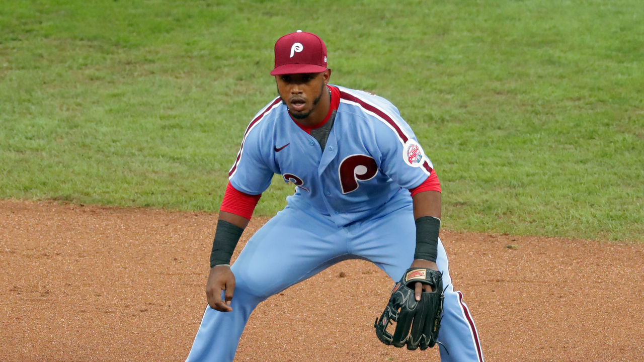 PHILADELPHIA, PA - AUGUST 13: Jean Segura #2 of the Philadelphia Phillies plays the infield during a game against the Baltimore Orioles at Citizens Bank Park on August 13, 2020 in Philadelphia, Pennsylvania. The Orioles won 11-4.