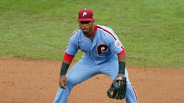 PHILADELPHIA, PA - AUGUST 13: Jean Segura #2 of the Philadelphia Phillies plays the infield during a game against the Baltimore Orioles at Citizens Bank Park on August 13, 2020 in Philadelphia, Pennsylvania. The Orioles won 11-4.