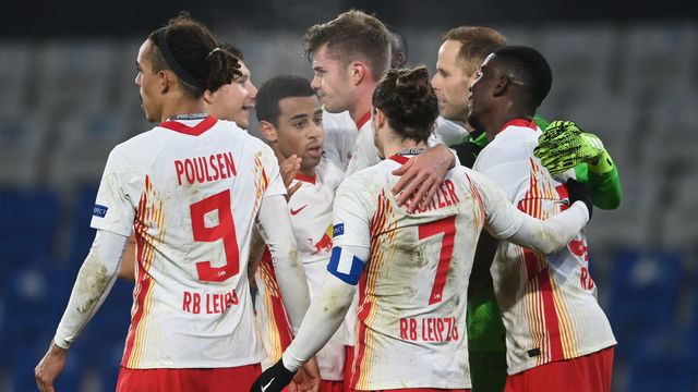RB Leipzig's Norwegian forward Alexander Sorloth (C-R) celebrates with his teammates at the end of the UEFA Champions League Group H football match between Istanbul Basaksehir and RB Leipzig at the Basaksehir Fatih Terim stadium in Istanbul, on December 2, 2020.