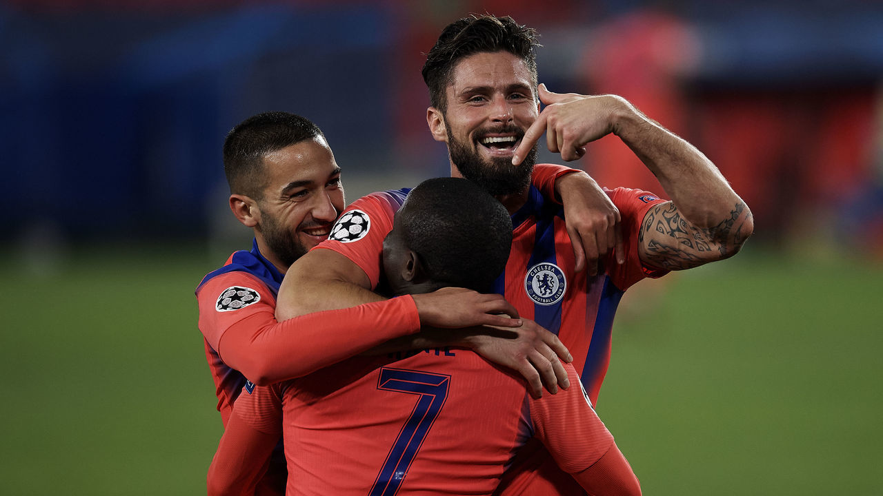 Olivier Giroud of Chelsea celebrates after scoring his sides third goal during the UEFA Champions League Group E stage match between FC Sevilla and Chelsea FC at Estadio Ramon Sanchez Pizjuan on December 2, 2020 in Seville, Spain.