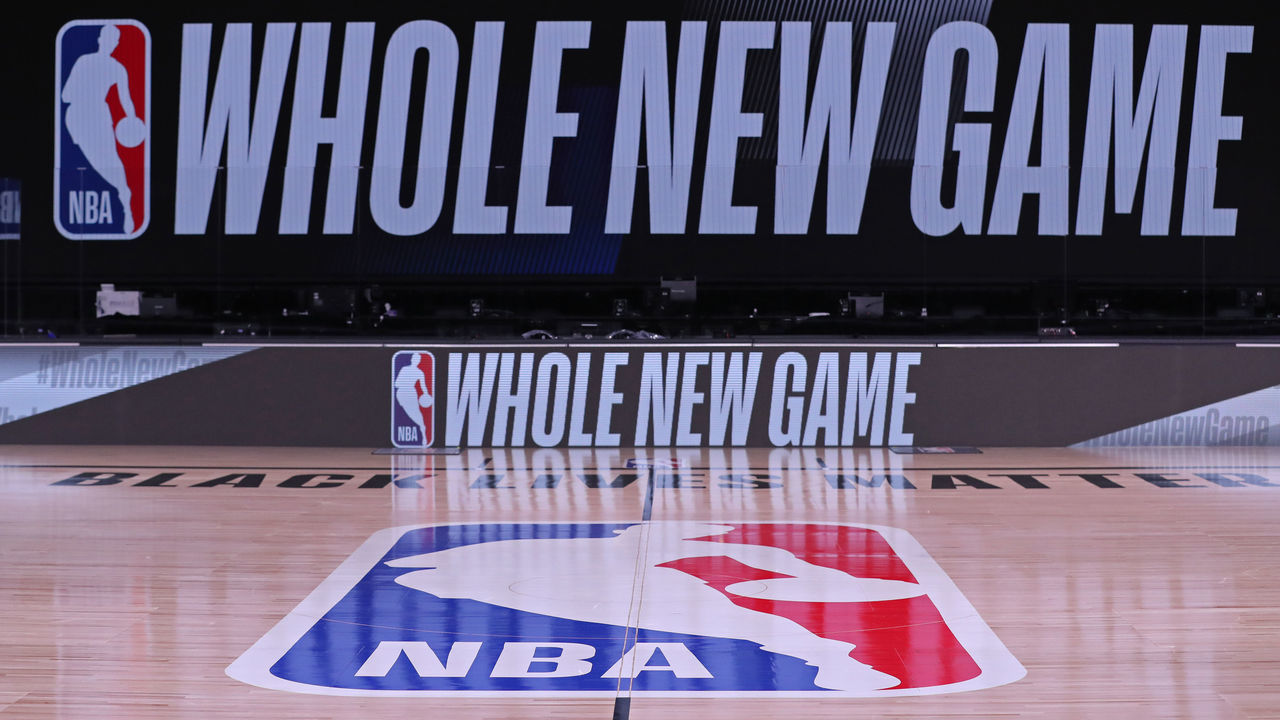 ORLANDO, FL - SEPTEMBER 10: A wide angle shot of the court with Whole New Game signage before Game Four of the Western Conference Semifinals of the NBA Playoffs on September 10, 2020 between the Houston Rockets and the Los Angeles Lakers at The AdventHealth Arena at ESPN Wide World Of Sports Complex in Orlando, Florida. NOTE TO USER: User expressly acknowledges and agrees that, by downloading and/or using this Photograph, user is consenting to the terms and conditions of the Getty Images License Agreement. Mandatory Copyright Notice: Copyright 2020 NBAE