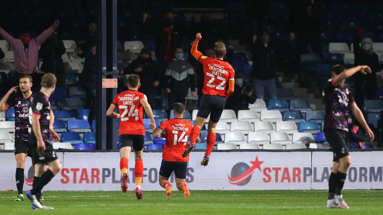 Luton Town's George Moncur celebrates scoring his side's first goal of the game during the Sky Bet Championship match at Kenilworth Road, Luton.