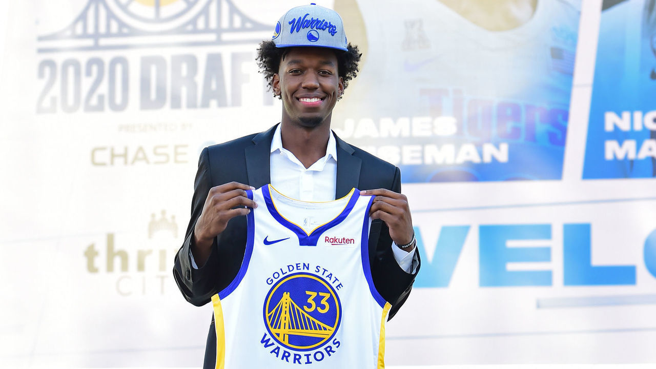 SAN FRANCISCO, CA - NOVEMBER 19: James Wiseman of the Golden State Warriors smiles and poses for a photo during a draftee press conference on November 19, 2020 in San Francisco, California at the Chase Center. NOTE TO USER: User expressly acknowledges and agrees that, by downloading and or using this photograph, user is consenting to the terms and conditions of Getty Images License Agreement. Mandatory Copyright Notice: Copyright 2020 NBAE