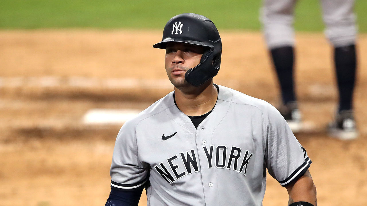 SAN DIEGO, CALIFORNIA - OCTOBER 06: Gary Sanchez #24 of the New York Yankees reacts after striking out against the Tampa Bay Rays during the seventh inning in Game Two of the American League Division Series at PETCO Park on October 06, 2020 in San Diego, California.