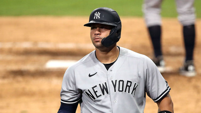 SAN DIEGO, CALIFORNIA - OCTOBER 06: Gary Sanchez #24 of the New York Yankees reacts after striking out against the Tampa Bay Rays during the seventh inning in Game Two of the American League Division Series at PETCO Park on October 06, 2020 in San Diego, California.
