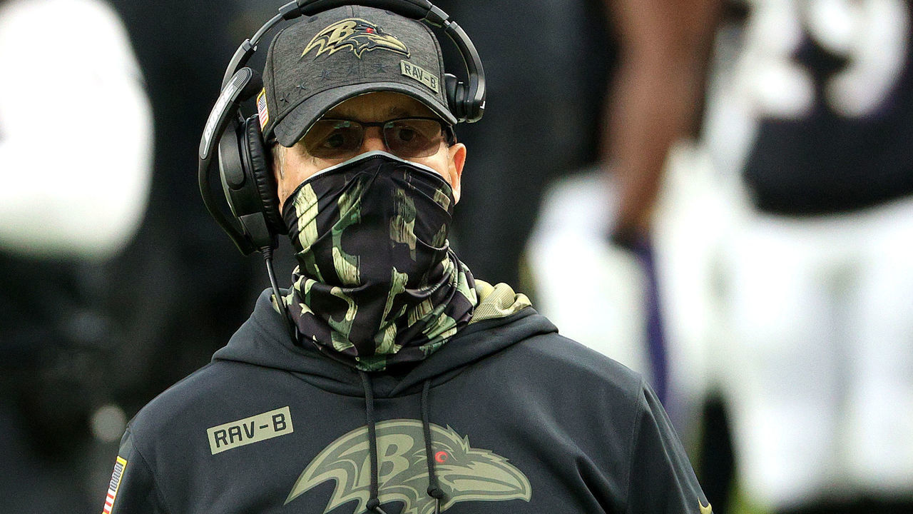 BALTIMORE, MARYLAND - NOVEMBER 22: Head coach John Harbaugh of the Baltimore Ravens looks on after A.J. Brown #11 of the Tennessee Titans scored a fourth quarter touchdown during the game at M&T Bank Stadium on November 22, 2020 in Baltimore, Maryland.