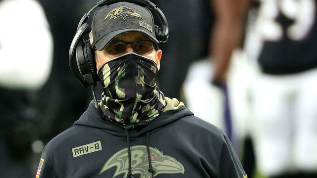 BALTIMORE, MARYLAND - NOVEMBER 22: Head coach John Harbaugh of the Baltimore Ravens looks on after A.J. Brown #11 of the Tennessee Titans scored a fourth quarter touchdown during the game at M&T Bank Stadium on November 22, 2020 in Baltimore, Maryland.