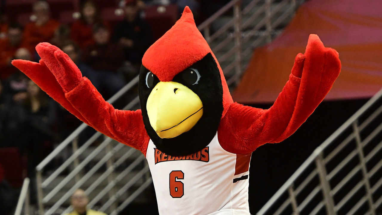 NORMAL, IL - DECEMBER 31: Reggie Redbird (6) mascot Illinois State University Redbirds performs during the game against the Indiana State Sycamores, Sunday, December 31, 2017, at Redbird Arena in Normal, Illinois.