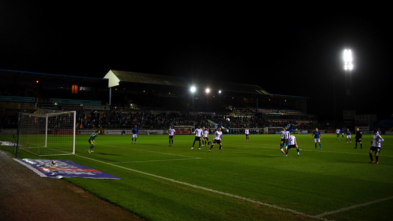 General view of play during the Sky Bet League Two match between Carlisle United and Salford City at Brunton Park on December 02, 2020 in Carlisle, England. A limited number of fans are welcomed back to stadiums to watch elite football across England. This was following easing of restrictions on spectators in tiers one and two areas only.