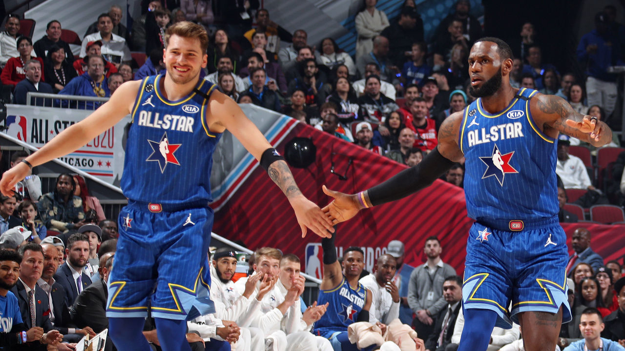 CHICAGO, IL - FEBRUARY 16: Luka Doncic and LeBron James #2 of Team LeBron high five during the 69th NBA All-Star Game on February 16, 2020 at the United Center in Chicago, Illinois. Mandatory Copyright Notice: Copyright 2020 NBAE
