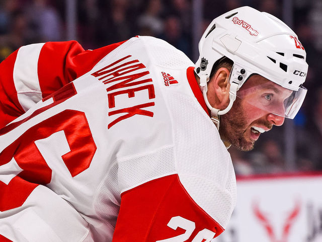 MONTREAL, QC - MARCH 12: Look on Detroit Red Wings left wing Thomas Vanek (26) during the Detroit Red Wings versus the Montreal Canadiens game on March 12, 2019, at Bell Centre in Montreal, QC
