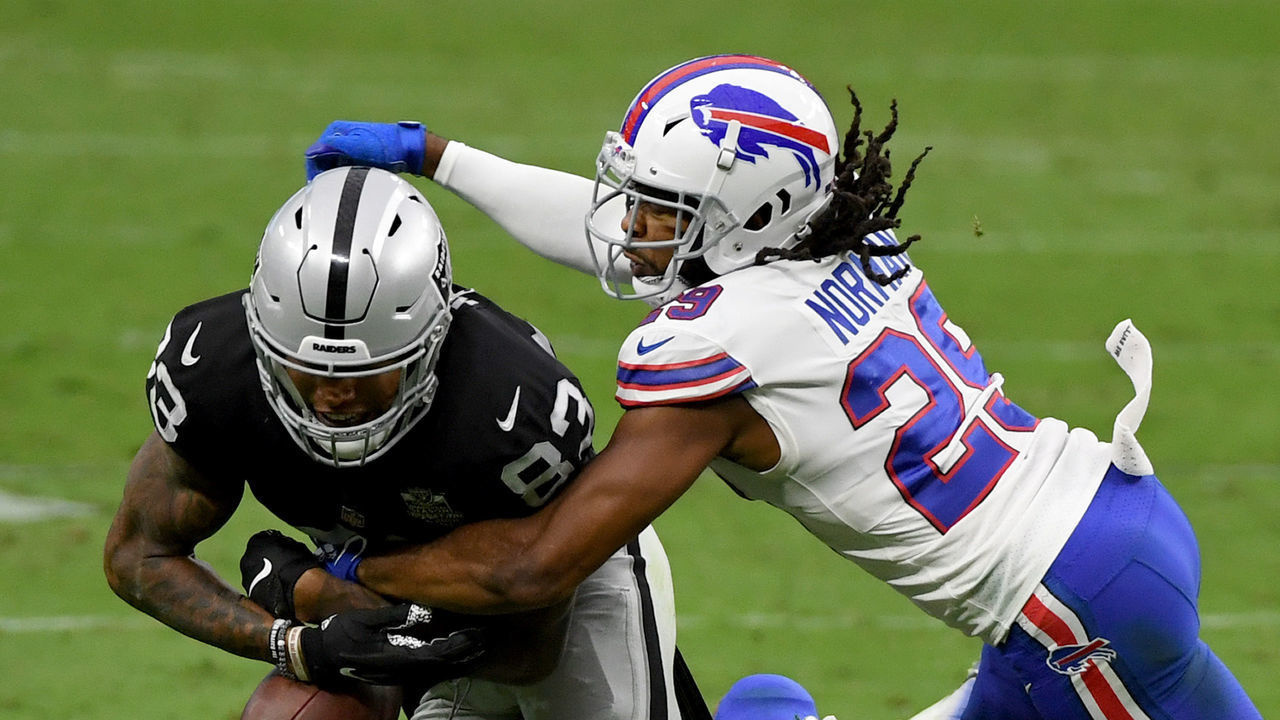 LAS VEGAS, NEVADA - OCTOBER 04: Cornerback Josh Norman #29 of the Buffalo Bills knocks the ball away from tight end Darren Waller #83 of the Las Vegas Raiders during the second half of the NFL game at Allegiant Stadium on October 4, 2020 in Las Vegas, Nevada. Norman recovered the fumble. The Bills defeated the Raiders 30-23.