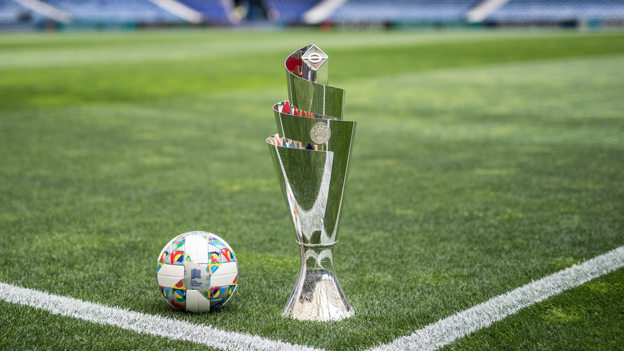 PORTO, PORTUGAL - JUNE 03: The official trophy and the official match ball are seen inside the stadium ahead of the Nations League Semi-Finals at Estadio do Dragao on June 03, 2019 in Porto, Portugal.