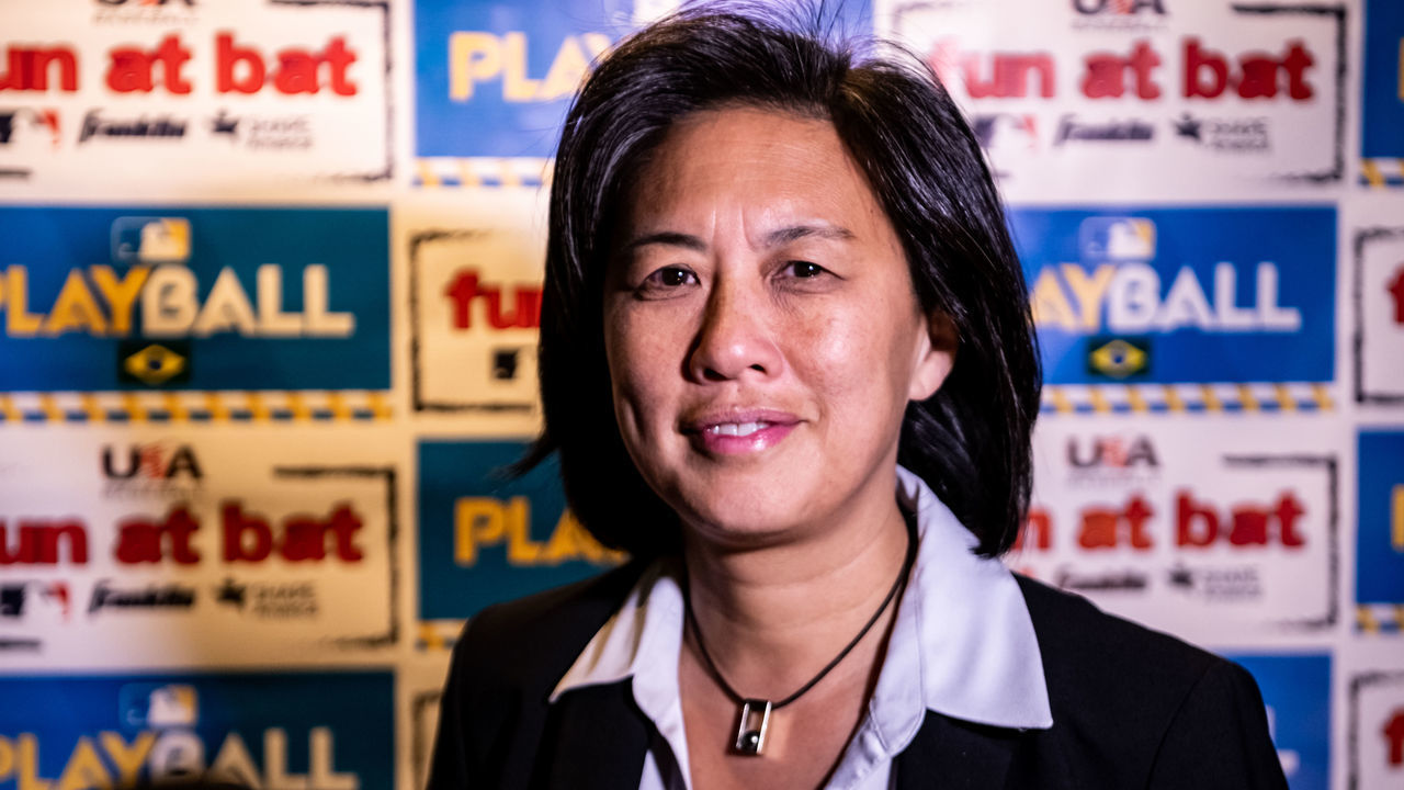 SÃO PAULO, BRAZIL - FEBRUARY 20: Kim Ng, Sr. VP Baseball & Softball Development for Major League Baseball looks on during Fun at Bat Press Conference on February 20, 2020 in São Paulo, Brazil.