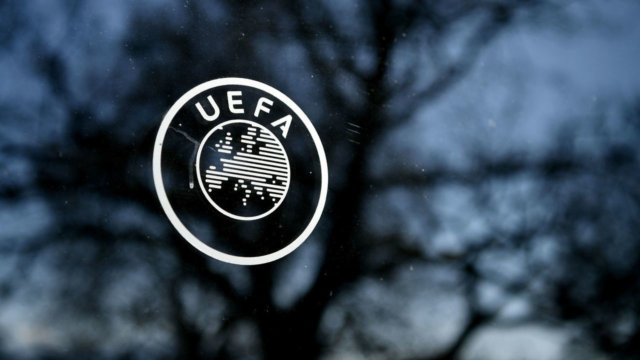 This picture shows the UEFA logo at the organization's headquarters in Nyon on Febraury 28, 2020.