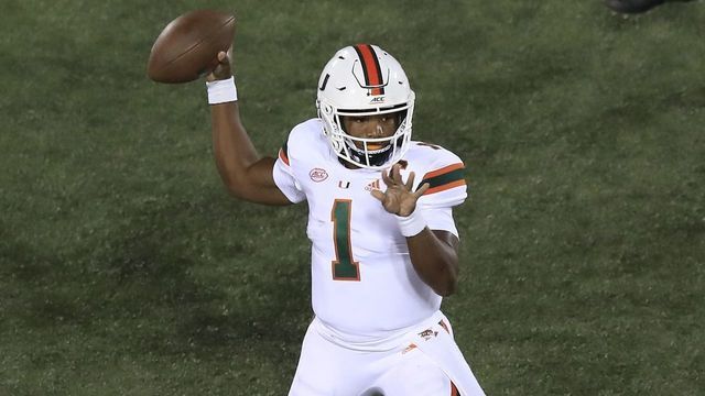 LOUISVILLE, KENTUCKY - SEPTEMBER 19: D' Eriq King #1 of the Miami Hurricanes passes the ball against the Louisville Cardinals at Cardinal Stadium on September 19, 2020 in Louisville, Kentucky.