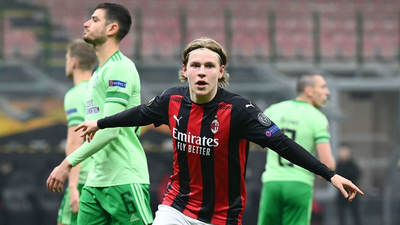AC Milan's Norwegian forward Jens Petter Hauge celebrates after scoring the third goal during the UEFA Europa League Group H football match AC Milan vs Celtic on December 3, 2020 at the San Siro stadium in Milan.
