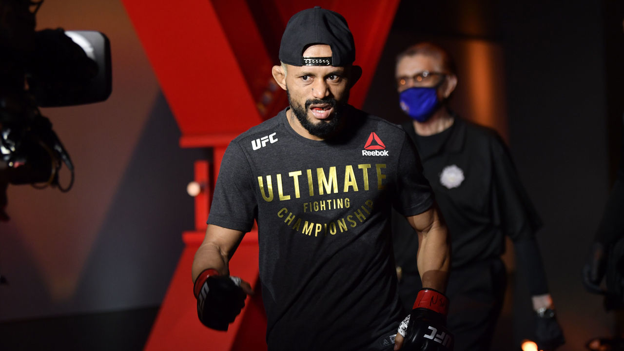 LAS VEGAS, NEVADA - NOVEMBER 21: Deiveson Figueiredo of Brazil prepares to enter the Octagon prior to his flyweight championship bout against Alex Perez during the UFC 255 event at UFC APEX on November 21, 2020 in Las Vegas, Nevada.