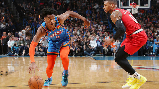 OKLAHOMA CITY, OK - JANUARY 18: Shai Gilgeous-Alexander #2 of the Oklahoma City Thunder drives to the basket against the Portland Trail Blazers on January 18, 2020 at Chesapeake Energy Arena in Oklahoma City, Oklahoma. Mandatory Copyright Notice: Copyright 2020 NBAE