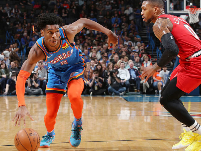 OKLAHOMA CITY, OK - JANUARY 18: Shai Gilgeous-Alexander #2 of the Oklahoma City Thunder drives to the basket against the Portland Trail Blazers on January 18, 2020 at Chesapeake Energy Arena in Oklahoma City, Oklahoma. Mandatory Copyright Notice: Copyright 2020 NBAE