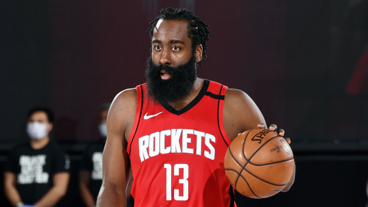 ORLANDO, FL - SEPTEMBER 10: James Harden #13 of the Houston Rockets handles the ball during the game against the Los Angeles Lakers during Game Four of the Western Conference Semifinals of the NBA Playoffs on September 10, 2020 at The AdventHealth Arena at ESPN Wide World Of Sports Complex in Orlando, Florida. NOTE TO USER: User expressly acknowledges and agrees that, by downloading and/or using this Photograph, user is consenting to the terms and conditions of the Getty Images License Agreement. Mandatory Copyright Notice: Copyright 2020 NBAE