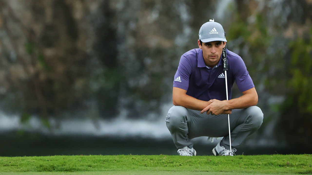 PLAYA DEL CARMEN, MEXICO - DECEMBER 03: Joaquin Niemann of Chile lines up a putt on the tenth green during the first round of the Mayakoba Golf Classic at El Camaleón Golf Club on December 03, 2020 in Playa del Carmen, Mexico.