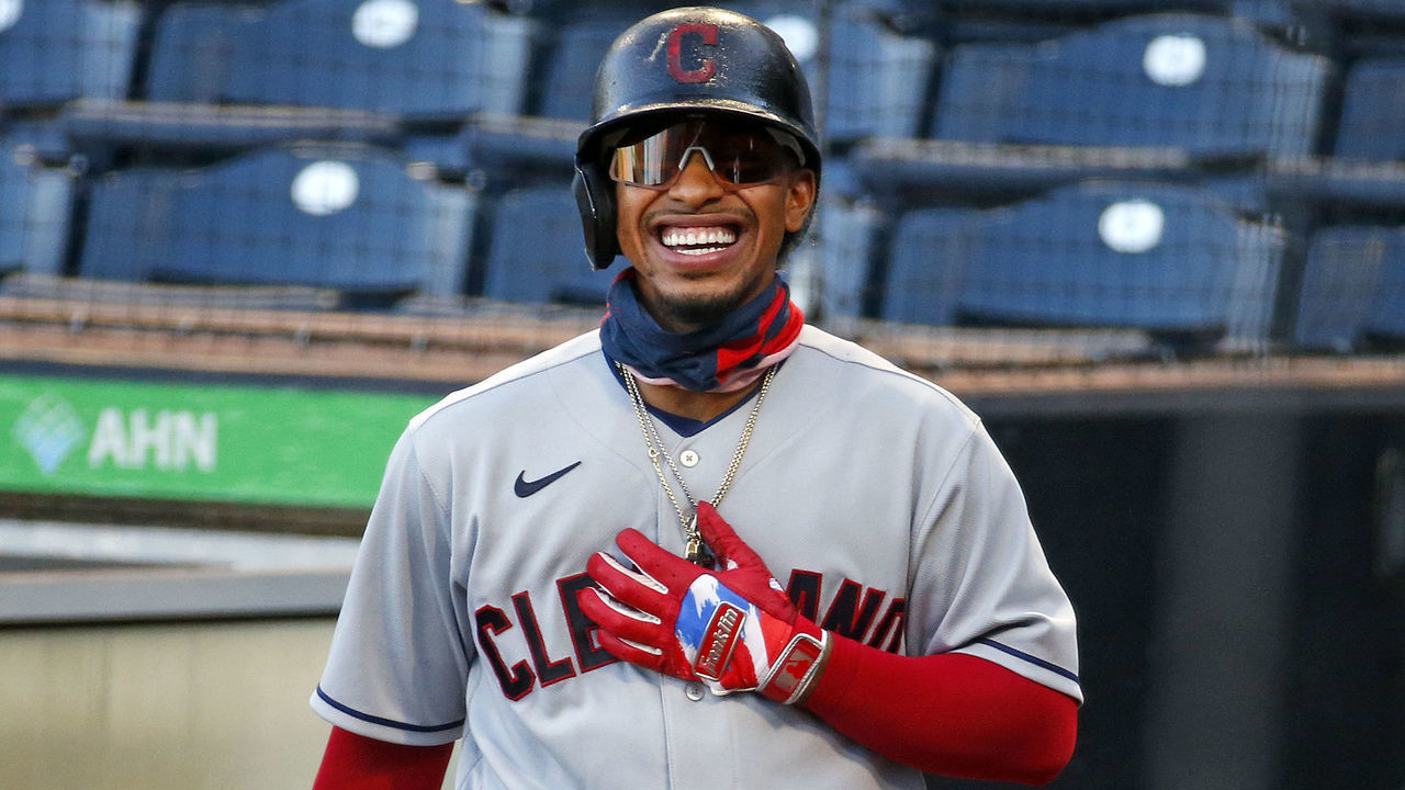 PITTSBURGH, PA - AUGUST 20: Francisco Lindor #12 of the Cleveland Indians laughs while on deck against the Pittsburgh Pirates at PNC Park on August 20, 2020 in Pittsburgh, Pennsylvania.