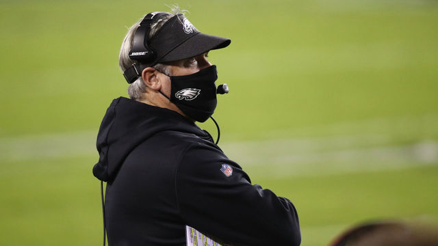 PHILADELPHIA, PA - NOVEMBER 30: Eagles Head Coach Doug Pederson looks on in the first half during the game between the Seattle Seahawks and Philadelphia Eagles on November 30, 2020 at Lincoln Financial Field in Philadelphia, PA.
