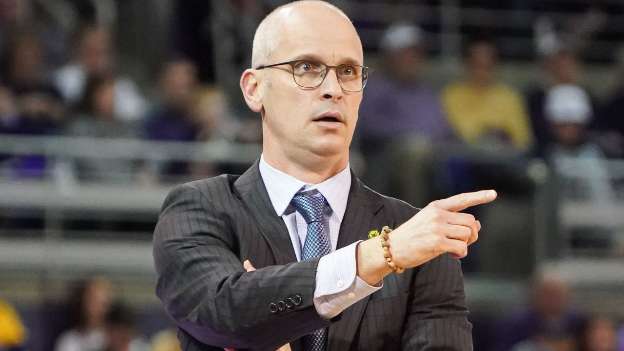 GREENVILLE, NC - FEBRUARY 29: Connecticut Huskies head coach Dan Hurley questions a foul call during a game between the Connecticut Huskies and the East Carolina Pirates on February 29, 2020 at Williams Arena at Minges Coliseum in Greenville, NC.