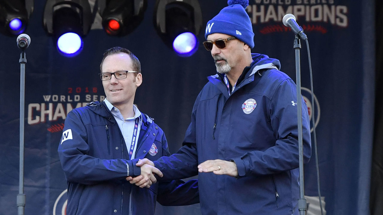 CHICAGO, IL - NOVEMBER 04: Len Kasper and Jim Deshaies during the Chicago Cubs World Series victory rally on November 4, 2016, at Grant Park in Chicago, IL.