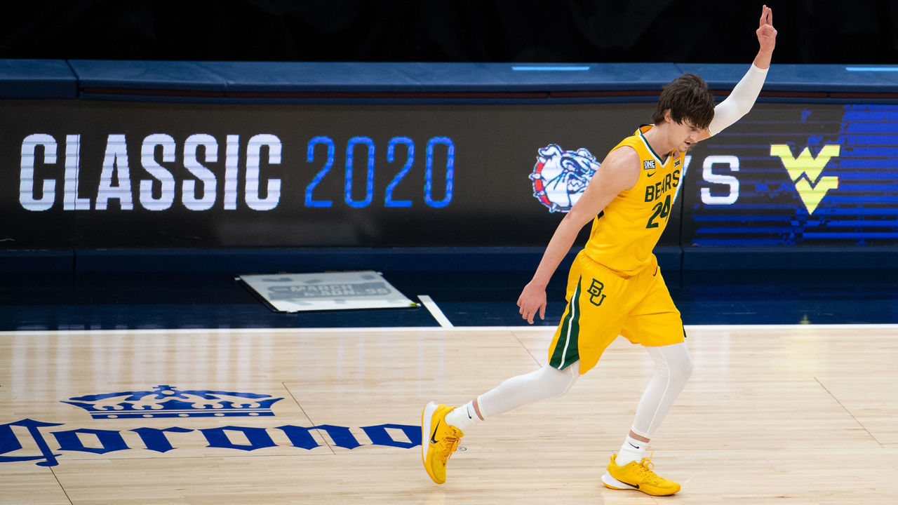 INDIANAPOLIS, IN - DECEMBER 02: Baylor Bears forward Matthew Mayer (24) celebrates a three pointer during the men's Jimmy V Classic college basketball game between the Baylor Bears and Illinois Fighting Illini on December 2, 2020, at Bankers Life Fieldhouse in Indianapolis, IN.