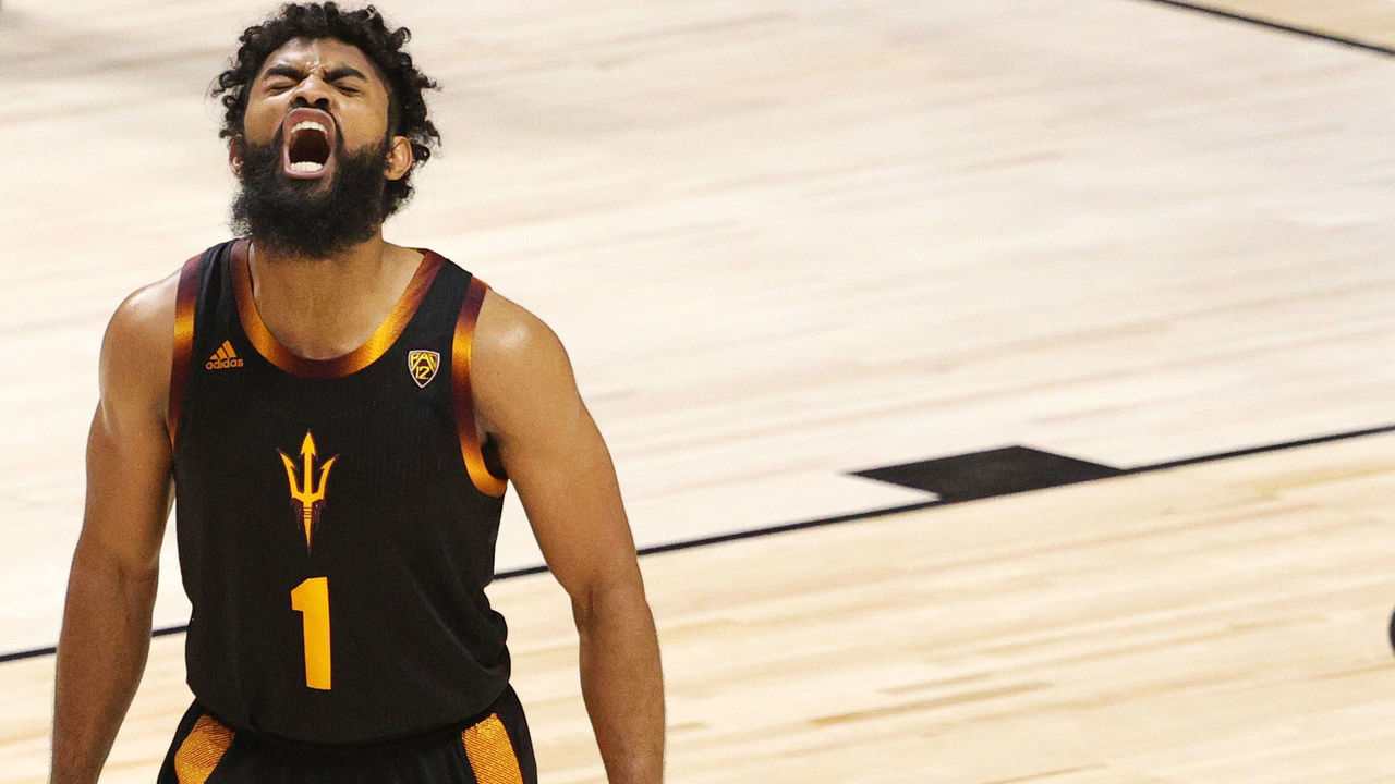 UNCASVILLE, CONNECTICUT - NOVEMBER 25:Remy Martin #1 of the Arizona State Sun Devils celebrates during the 2K Empire Classic game against the Rhode Island Rams at Mohegan Sun Arena on November 25, 2020 in Uncasville, Connecticut.